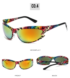 Detailed views of cat eye sports sunglasses with colorful leopard frame and orange lenses