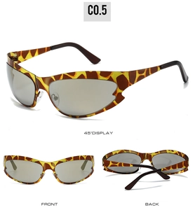 Three perspectives of cat eye sports sunglasses featuring stylish giraffe pattern frames