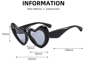 Guide des dimensions détaillées pour lunettes de soleil cœur noir avec mesures de taille