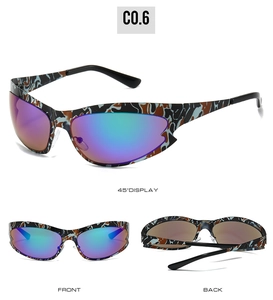 Three angles of cat-eye sports sunglasses with blue camo frames and colorful mirrored lenses
