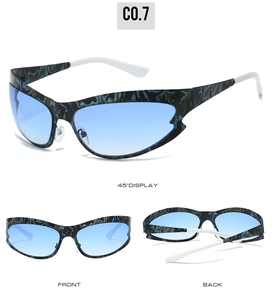 Three-way view of cat eye sports sunglasses with marbled frames and blue gradient lenses