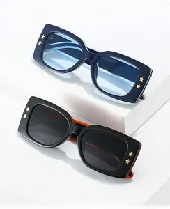 Detail of square sunglasses with gold star accents and stylish color-contrast temples