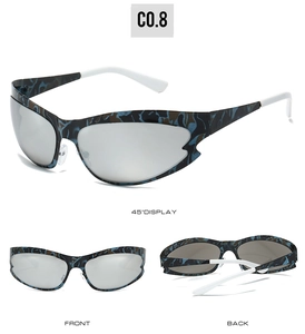 Front and back views of sporty cat-eye sunglasses with blue marble frames and silver lenses