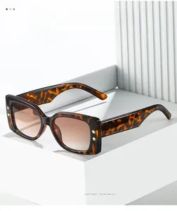Detail of square tortoiseshell sunglasses with gold star metal embellishments