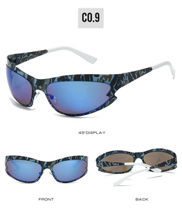 Multi-angle views of camo cat-eye sports sunglasses with blue reflective lenses