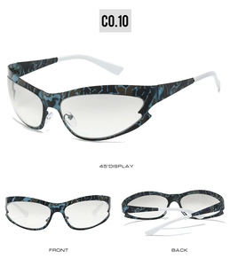 Three-view display of cat-eye sports sunglasses with blue marble frames and white temples