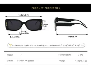 Detailed size chart for square sunglasses with star accents and frame dimensions
