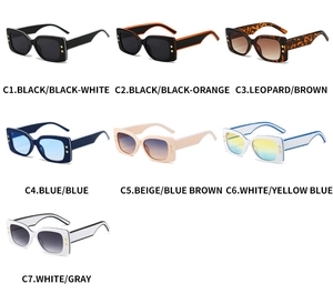 Square sunglasses display in seven colors featuring gold star temple decorations