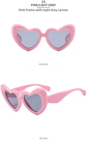 Vues de face et de côté de lunettes de soleil en forme de cœur avec monture rose