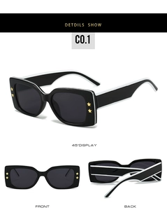 Detailed multi-angle view of square sunglasses with gold star and contrast white trim