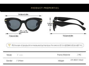 Technical drawing and sizing chart for retro oval unisex puffy sunglasses with PC frame