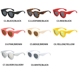 Grid layout showing eight colors of vintage chunky oval sunglasses including leopard and red