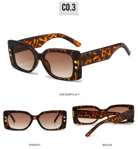 Three-view display of leopard square sunglasses with golden star accents and brown lenses