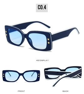 Three-way view of square sunglasses with blue frame and star rivets showing various angles
