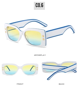 Three perspectives of square white frame sunglasses with blue trim and golden star details