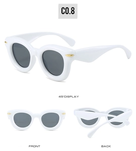 White puffy oval sunglasses with gold decorative buckle shown from multiple angles