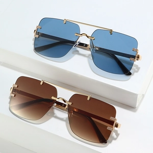 Fashion rimless square sunglasses with blue and brown gradient lenses and gold frames