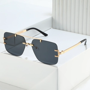Frameless square sunglasses with gold metal double bridge and dark gradient lenses
