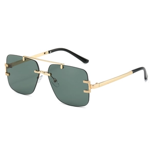 Frameless square sunglasses with dark green lenses and golden metal double-bridge frame
