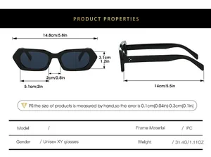 Detailed size chart for minimalist polygon sunglasses with frame dimensions in cm and inches
