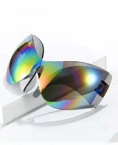 Macro shot of futuristic oversized cycling sunglasses with rainbow gradient mono lens