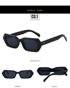 Detail of dark black polygonal sunglasses showing metal rivets and triple perspective views