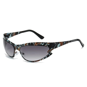 Y2K sporty cat-eye sunglasses with camo stainless steel frame and gradient lenses