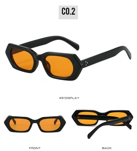 Three-way view of hexagonal black sunglasses with orange lenses showing front and back