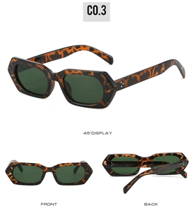 Detailed views of vintage tortoiseshell hexagonal sunglasses with dark green lenses