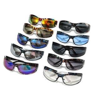 Cat eye sport sunglasses with stainless steel frames and colorful patterned temples