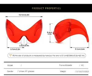 Detailed size guide for oversized sports sunglasses with frame and lens measurements