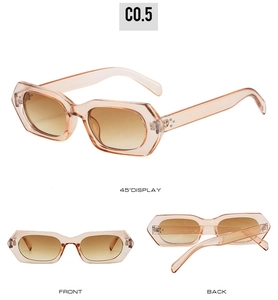 Three-view display of champagne polygon sunglasses with gradient brown lenses