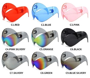 Grid display of nine futuristic oversized sports sunglasses in various vibrant colors