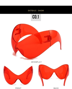 Detailed views of red translucent futuristic wraparound sports sunglasses from three angles