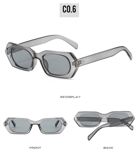 Detailed views of gray geometric sunglasses with thick frames and premium metal hinges