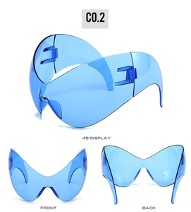 Oversized futuristic blue shield sunglasses shown in three multi-angle views for cycling