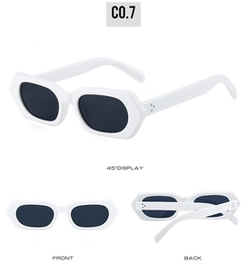 Three-angle view of white polygon sunglasses showing front, back, and 45-degree details