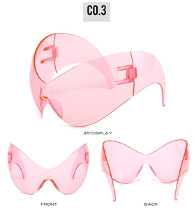 Pink oversized wrap-around sports sunglasses with butterfly frame and alien cat-eye design