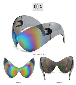 Futuristic oversized wrap sports sunglasses with iridescent lenses in a multi-angle view