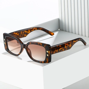 Retro tortoise square sunglasses with brown gradient lenses and gold star accents