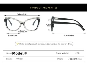 Detailed sizing chart and dimensions for cat-eye frames with crystal chain accents