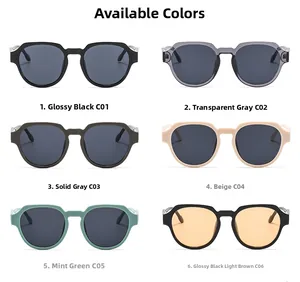 Collage of oval sunglasses in six colors including black, grey, beige and mint green