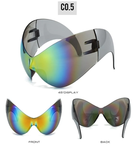 Detail view showing futuristic oversized polarized sports sunglasses with gradient color lens