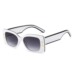 Modern rectangle white sunglasses with black outlines and gold star details