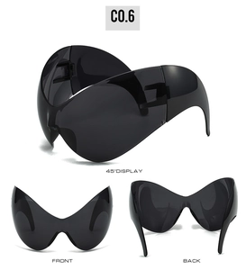 Multiple views of black futuristic wraparound sports sunglasses with Y2K alien design
