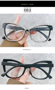 Detailed views of cat-eye glasses featuring handcrafted rhinestone chains and heart hinges