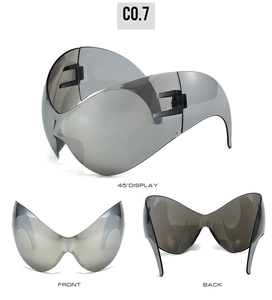 Three angles of light gray oversized wrap-around sports sunglasses with unibody shield lens