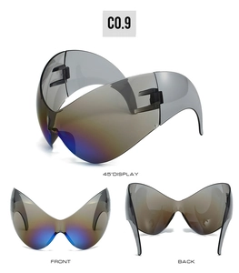 Three-view display of futuristic oversized wrap-around sunglasses with gradient lenses