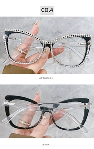 Detailed 45-degree and back view of cat eye glasses with luxury diamond chain accents