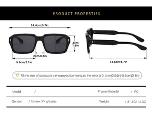 Detailed technical drawing showing dimensions and size specifications for square sunglasses